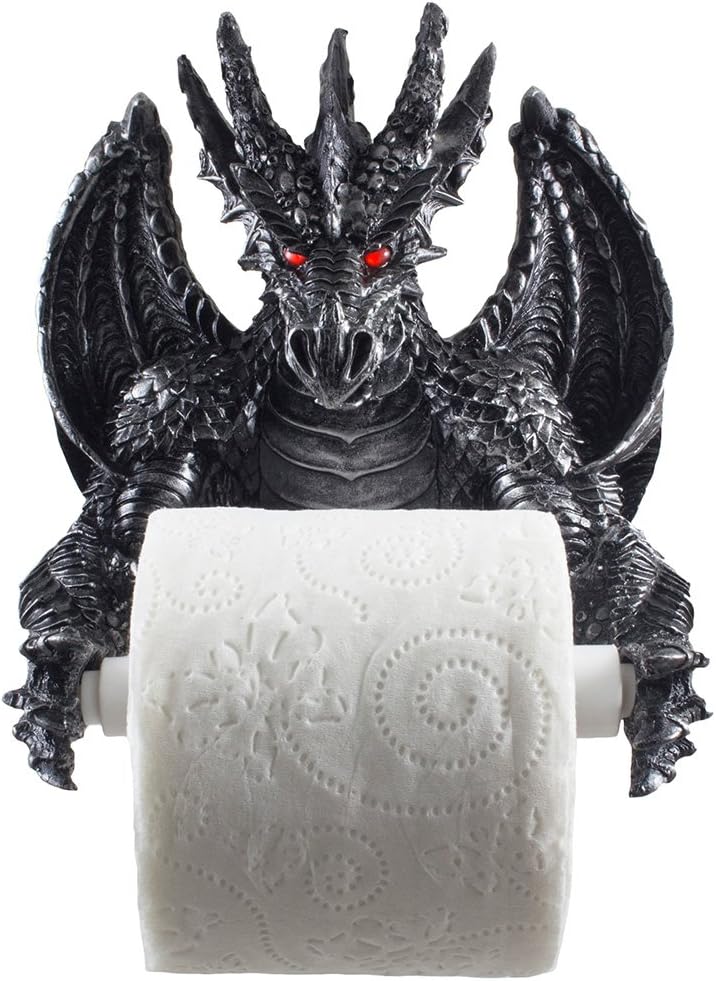 Mythical Winged Dragon Toilet Paper Holder in Metallic Look for Medieval and Gothic Home Decor Bathroom Accessories or Whimsical Fantasy Gifts