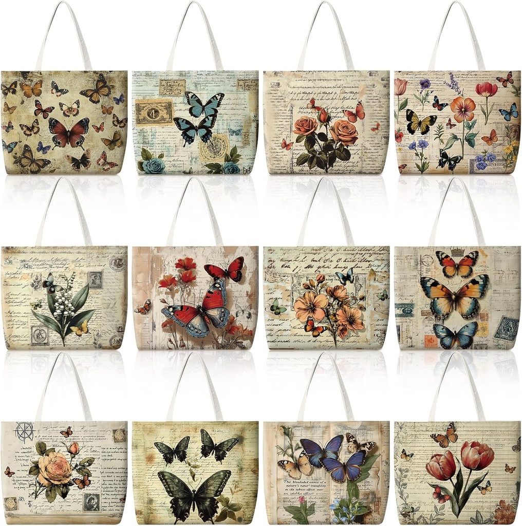 Bencailor 12 Pcs Christmas Canvas Tote Bags Bulk Reusable Aesthetic Xmas Gift Bags for Women Shopping Grocery Party Supplies