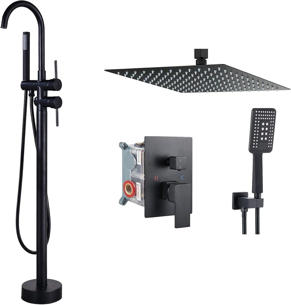 Aolemi Floor Mount Bathtub Faucet Freestanding Tub Filler Black Standing High Flow Shower Faucets Matte Black Shower System Ceiling Mount 12 Inch Rain Shower Head with 3 Functions Handheld Spray