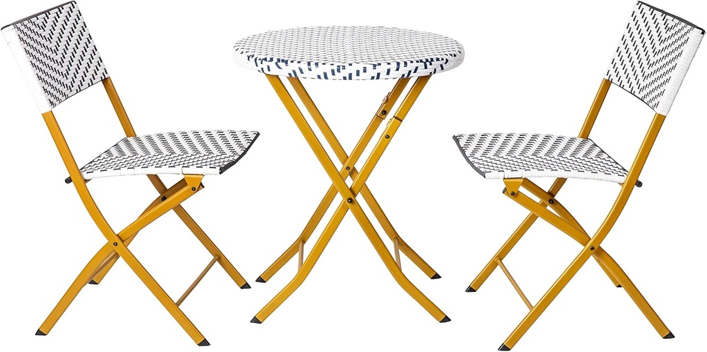 Flash Furniture Rouen Commercial Grade Folding Bistro Set, Indoor/Outdoor PE Rattan Table Top, Back and Seat, Natural Steel Frames, 3 Piece Set, Navy/White