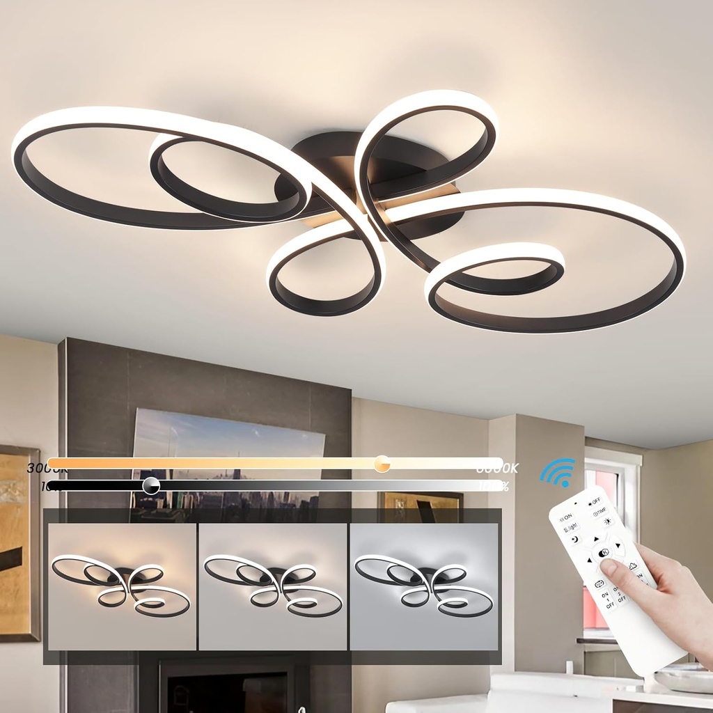 66W Modern LED Ceiling Light, Flower Flush Mount Light Fixture with Remote Control Black Dimmable Ceiling Lamp for Living Room, Bedroom, Dining Room, Hallway, Kitchen