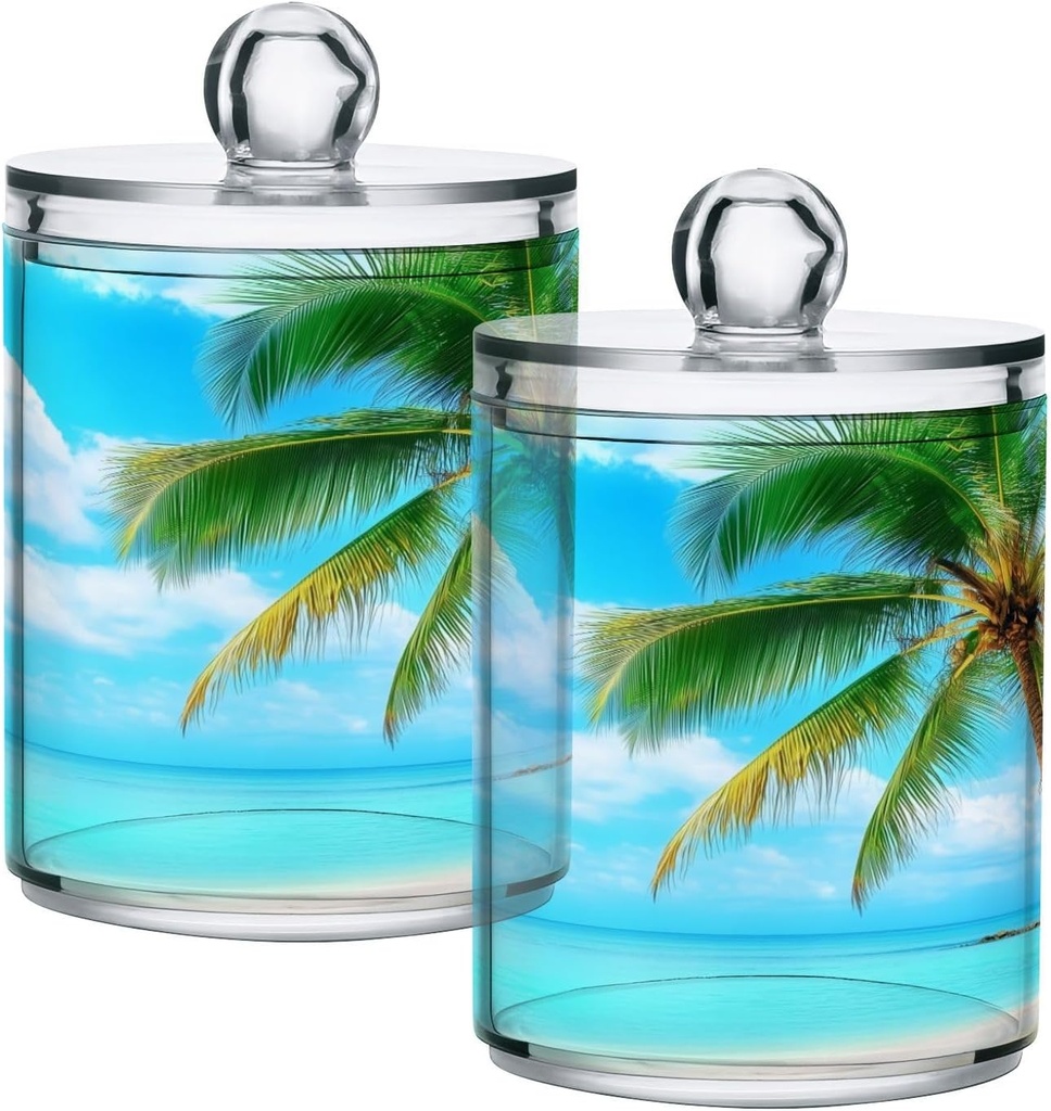 Acrylic Plastic Clear Jar with Lid, Beach Sky Palm Tree Airtight Storage Jar 2 Pack Kitchen Storage Containers for Cookie Snack Candy