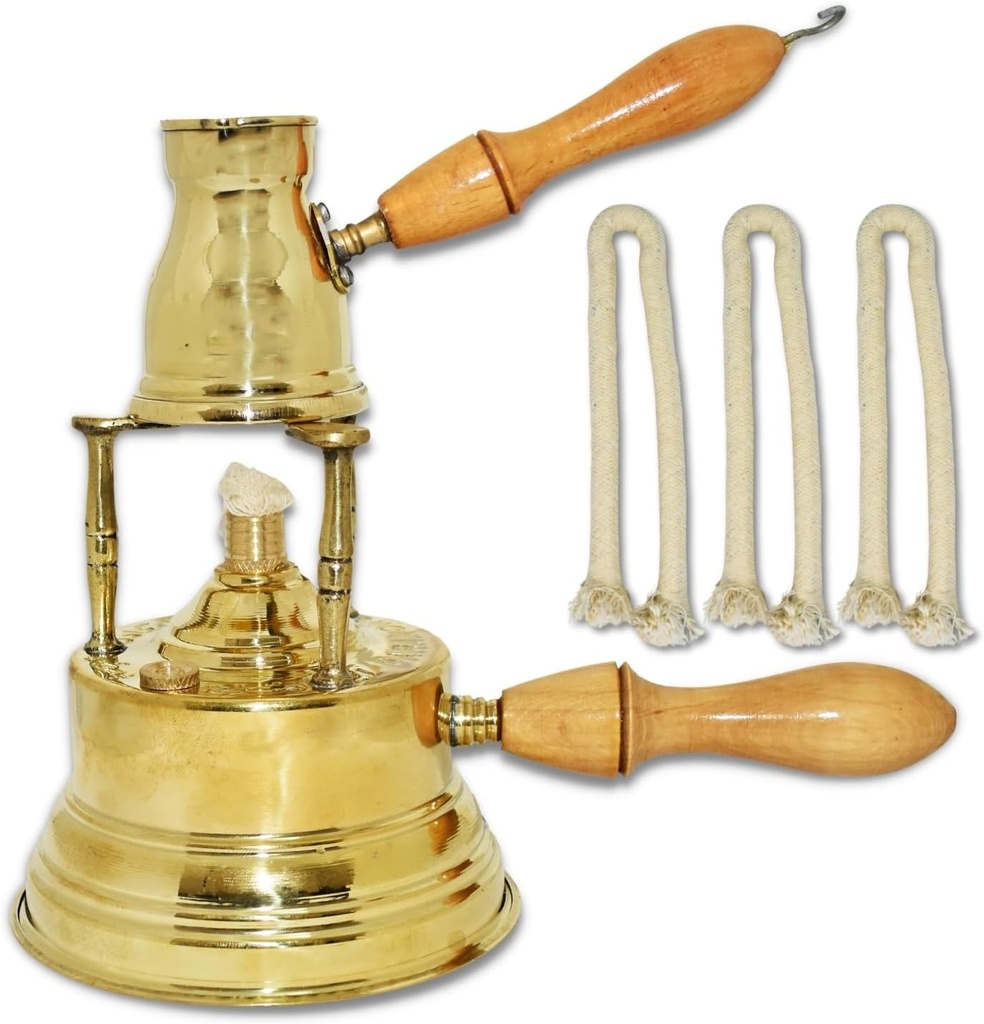 Al Bramony Brass Turkish Greek Coffee Alcohol Burner Maker Table Top Tabletop Wooden Handle Large Size Hand Hammered Handmade Decanter + 3 Pcs Cotton Fuse + Pot Ibrik Size N02 (Capacity 2 Cup / 2.7oz)