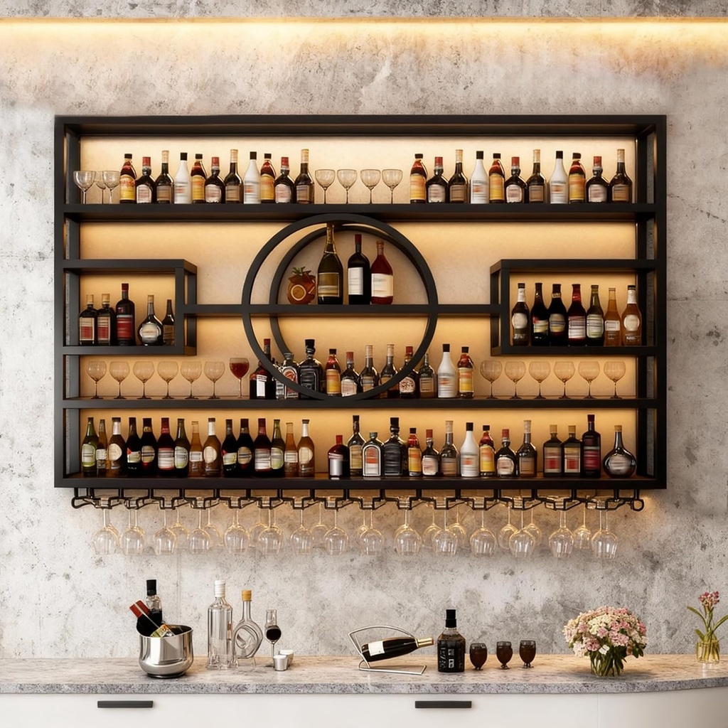 Wall Mounted Wine Rack, Modern Industrial Hanging liquor Bottles Shelves With Wine Glass Holder, Metal Floating Wine Storage Display Shelf, for Bar, Kitchen, Wine Cellar (Black, 140cm/55.1in)