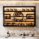 Wall Mounted Wine Rack, Modern Industrial Hanging liquor Bottles Shelves With Wine Glass Holder, Metal Floating Wine Storage Display Shelf, for Bar, Kitchen, Wine Cellar (Black, 140cm/55.1in)