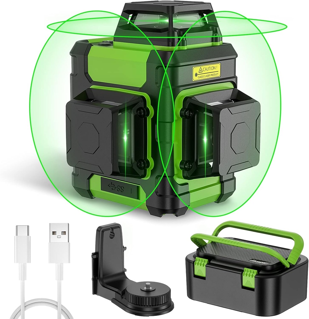 Huepar Laser Level 360 Self Leveling, Rechargeable Green Laser 3x360° Cross Line Lazer Leveler 3D Level Laser Tool for Construction and Picture Hanging, Strong Magnetic Bracket&Hard Carry Case -HM03CG