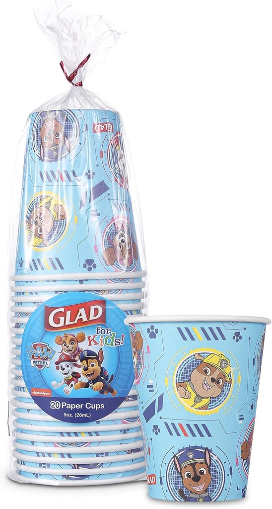 Glad for Kids Paw Patrol Disposable Paper Cups, Core Pups Blue - Heavy Duty, Soak Proof Kid-Friendly Drinking Cups for Everyday Use, 9 Ounce, 20 Count