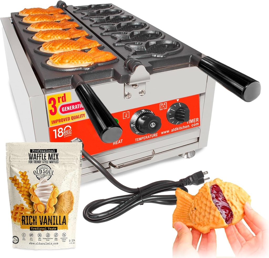 ALDKitchen Taiyaki Fish Waffle Maker | Commercial Taiyaki Iron with Nonstick Baking Grid | 6 Fish-Shaped Waffles | 110V