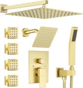 Dual Rainfall Shower Head System with 4 Body Jets, JetsBath Shower Faucet Set Double Shower Head 6-Inch Shower Head & 12” Rain Shower, Luxury Brushed Gold Shower Faucet Set,Wall-Mounted Shower System
