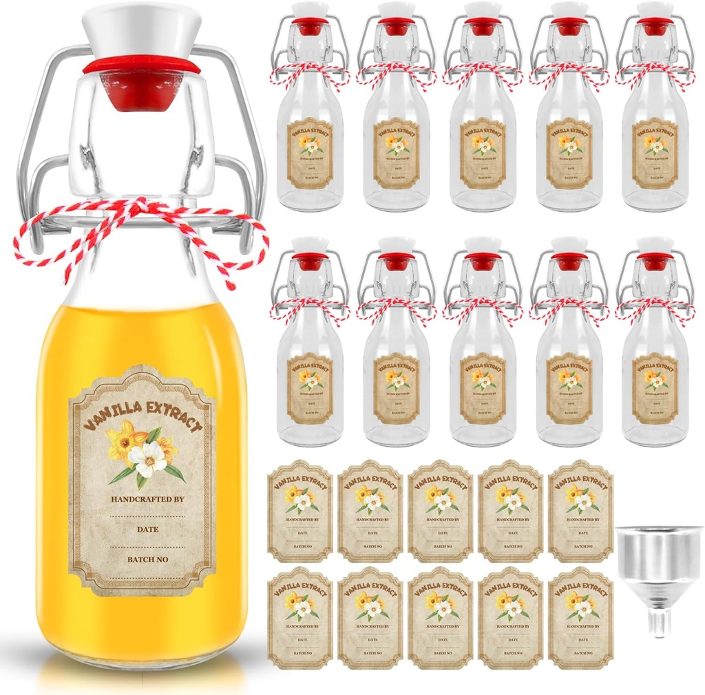 10 pack Vanilla Extract Bottles ，Flip Top vanilla bottles,10 pcs Vanilla Extract Stickers for homemade vanilla extract bottles Syrup Gift Glass Food Storage Canister Set (Transparent , 4oz-10pack)