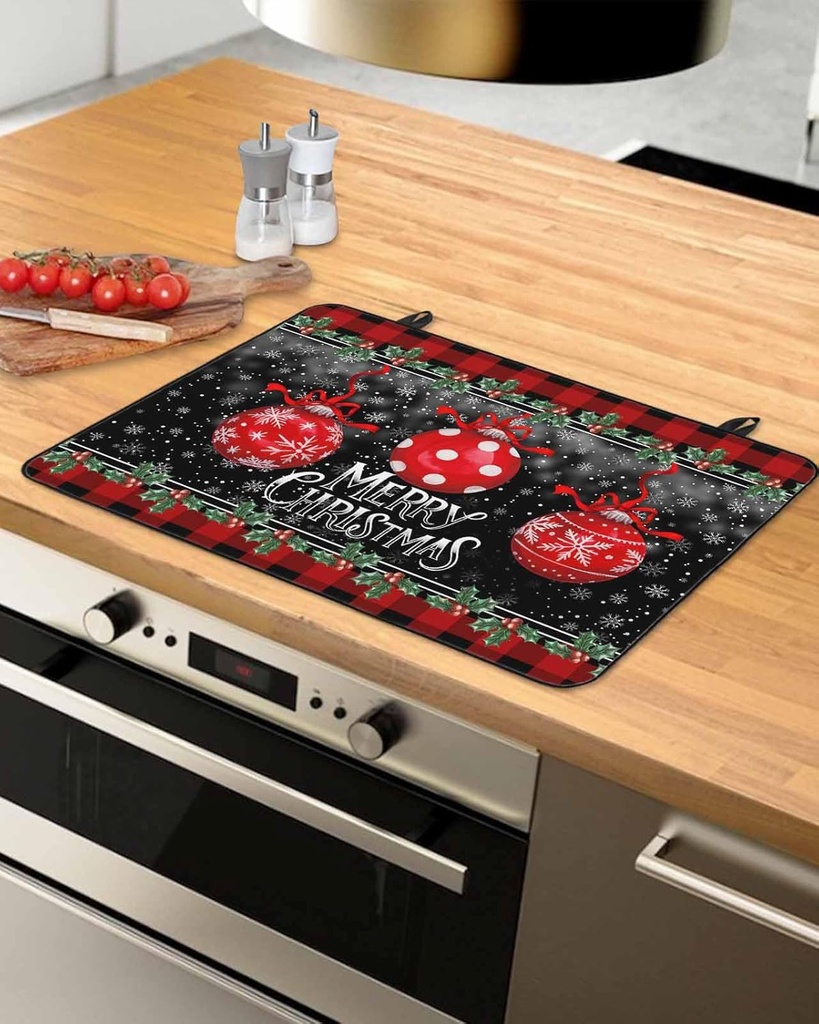 Christmas Countertop Burners Protection Mats for Kitchen, Christmas Ball Winter Snowflake Red Check Rubber Stove Top Cover Mat, Heat Proof Mats Cooktop Cover for Counter Dish Drying Mat, 31"x24"