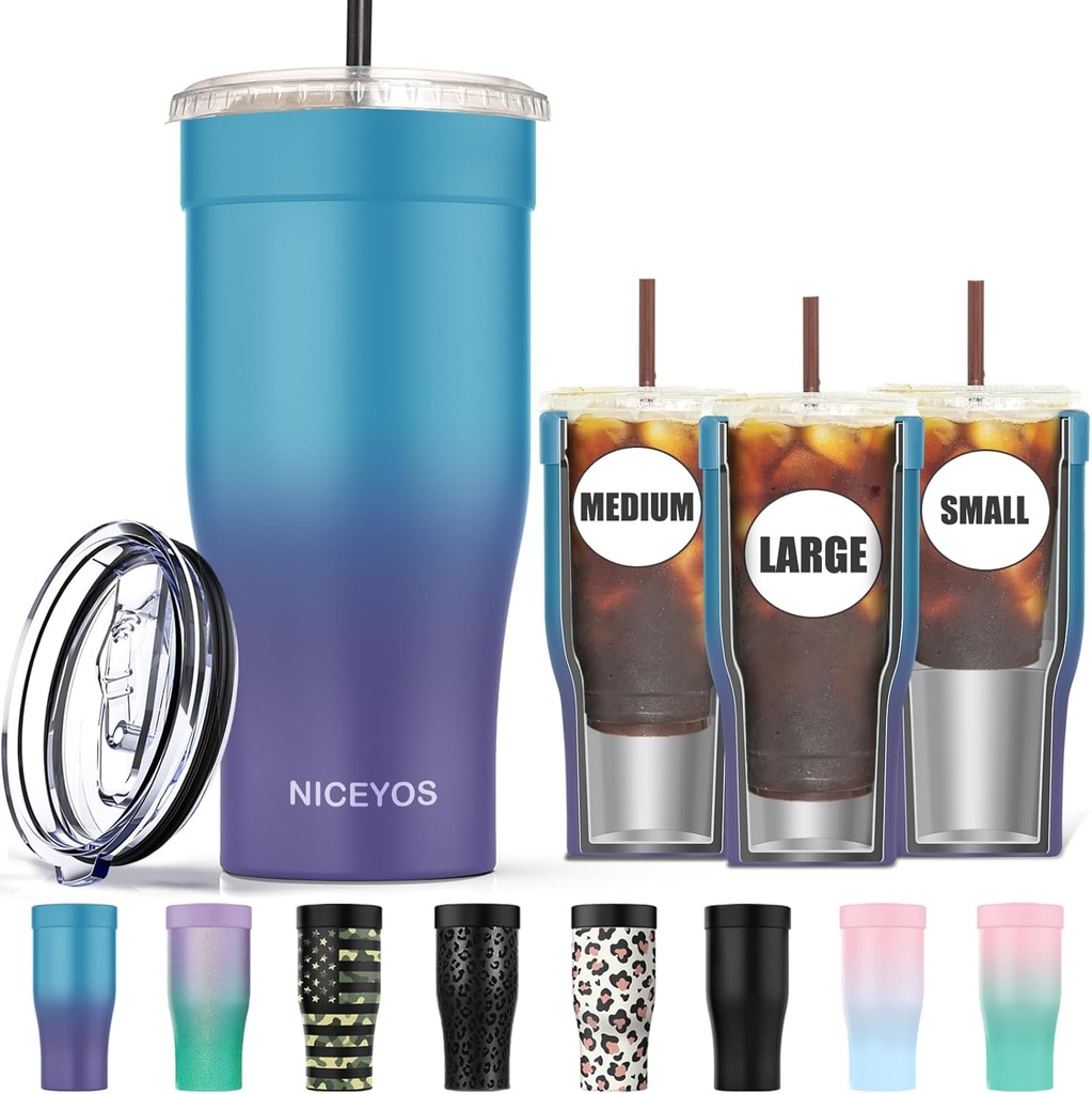 Universal Iced Coffee Sleeve - Upgraded Double Wall Reusable Stainless Steel Holder Sleeves Insulator for Cold Drinks Fits Starbucks Dunkin Donuts McDonalds Small Medium Large Cup (Blue Purple)