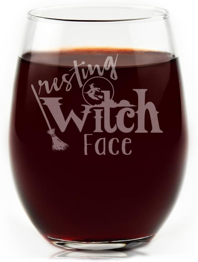 Funny Resting Witch Face Engraved Stemless Wine Glass