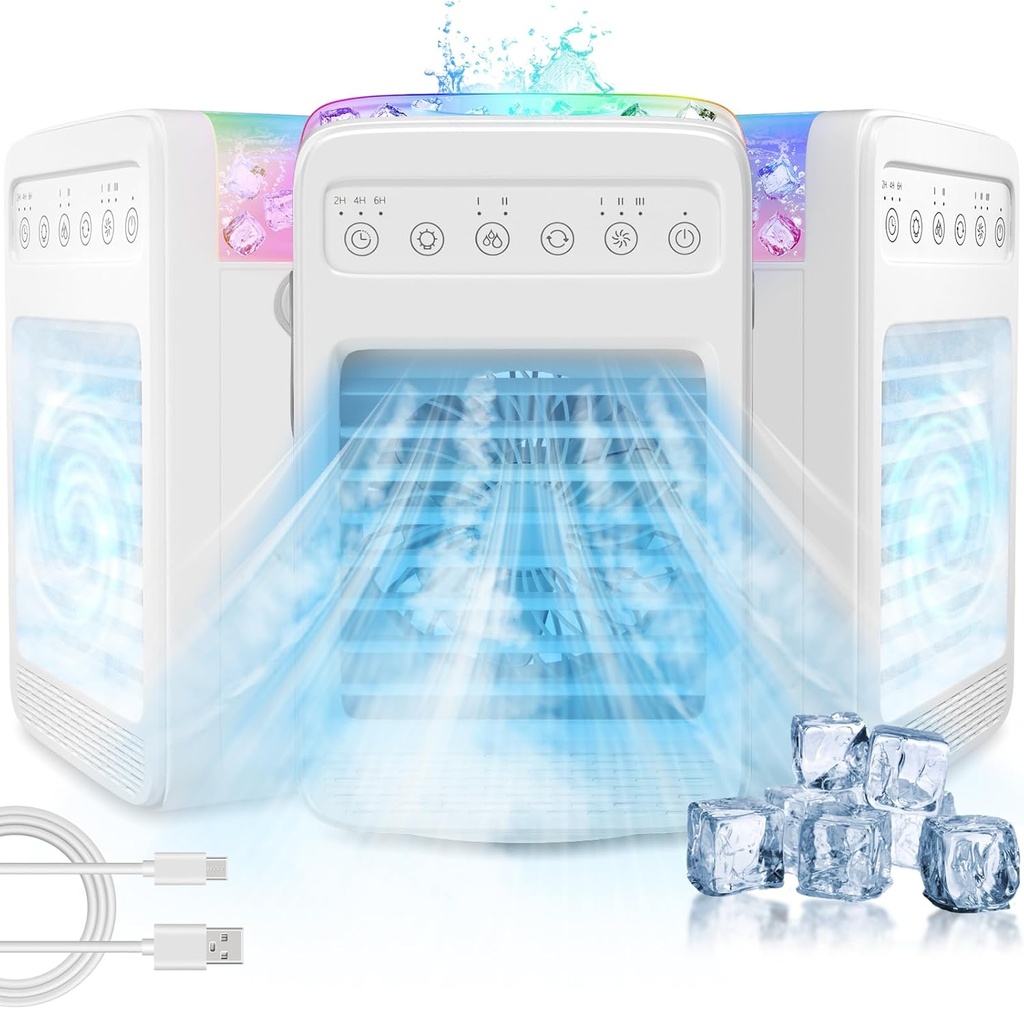 Portable Evaporative Air Cooler, Air Conditioners with Water Tank, Ice Cube Tray, 4-Speed, Oscillating Swamp Cooler with 2/4/6 Timer, Personal Small AC Cooling Fan for Room Office