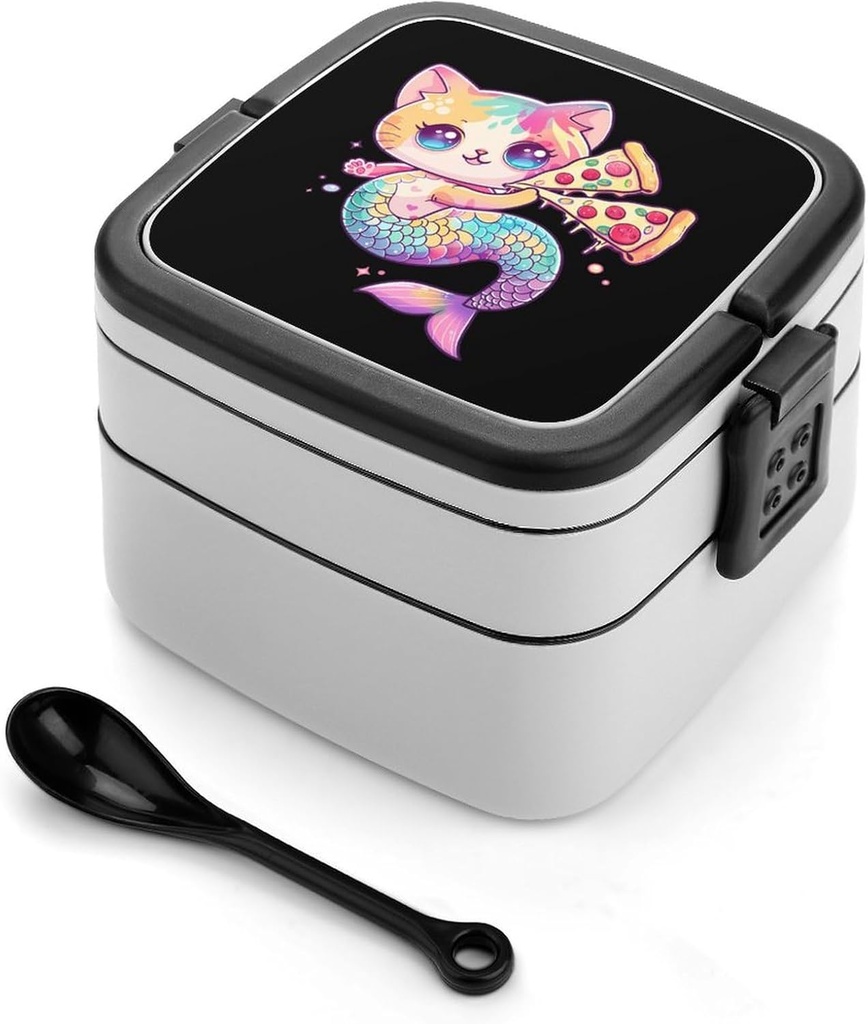 Cat Mermaid Eating Pizza Bento Box with 2 Compartments Adult Lunch Box Lunch Container for Meal Prep Work And Outdoors