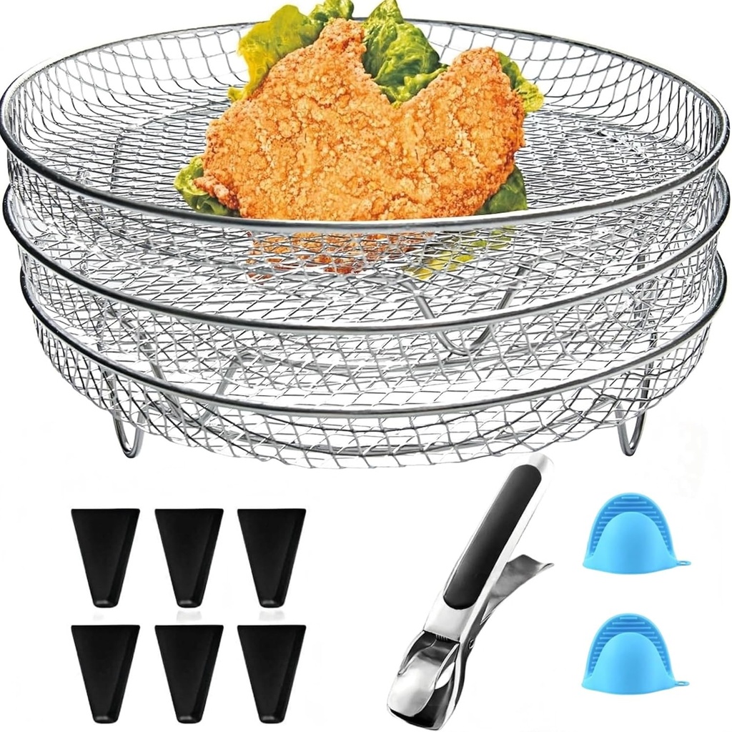 RQG 8 inch Upgrade Air Fryer Racks,Stackable Dehydrator,Baking Rack, Food-Grade Stainless Steel Kitchen Household,Fit all 4.2QT - 5.8QT Air Fryer,Oven（3 Pack Round Universal Accessories）