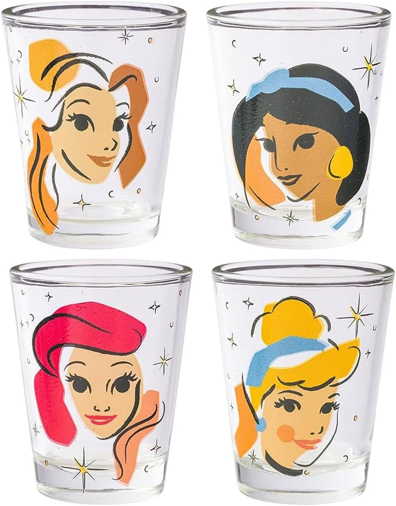 Silver Buffalo Disney Princess Abstract Sparkle Featuring Belle, Jasmine, Ariel, and Cinderella 4 Pack Mini Glass Set, 1.5 Ounces
