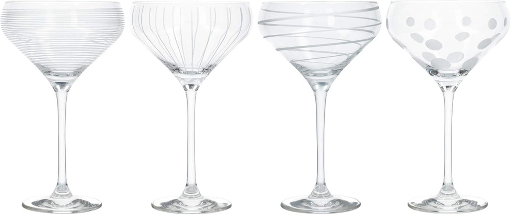 MIKASA Cheers Champagne Saucers, Crystal Retro Champagne Glasses, Silver Design, 400ml, Set of 4