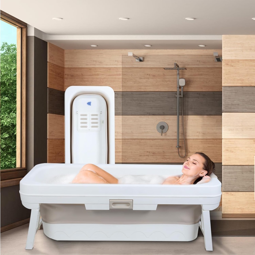 60" Foldable Bathtub for Adults, Large Portable Bath tub with Storage Basket, 1.48 Meter Foldable Bathtub with Seat Cushion and Massage Wheels for Indoor/Outdoor Use (Beige-60in)