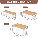 Clear Plastic Storage Containers with Wooden Lids（3pcs），Large Fridge Storage Organiser with Handle for Pantry Organizer and Storage,Perfect for Bathroom,Cabinet,Kitchen,Fridge,Closet Organization