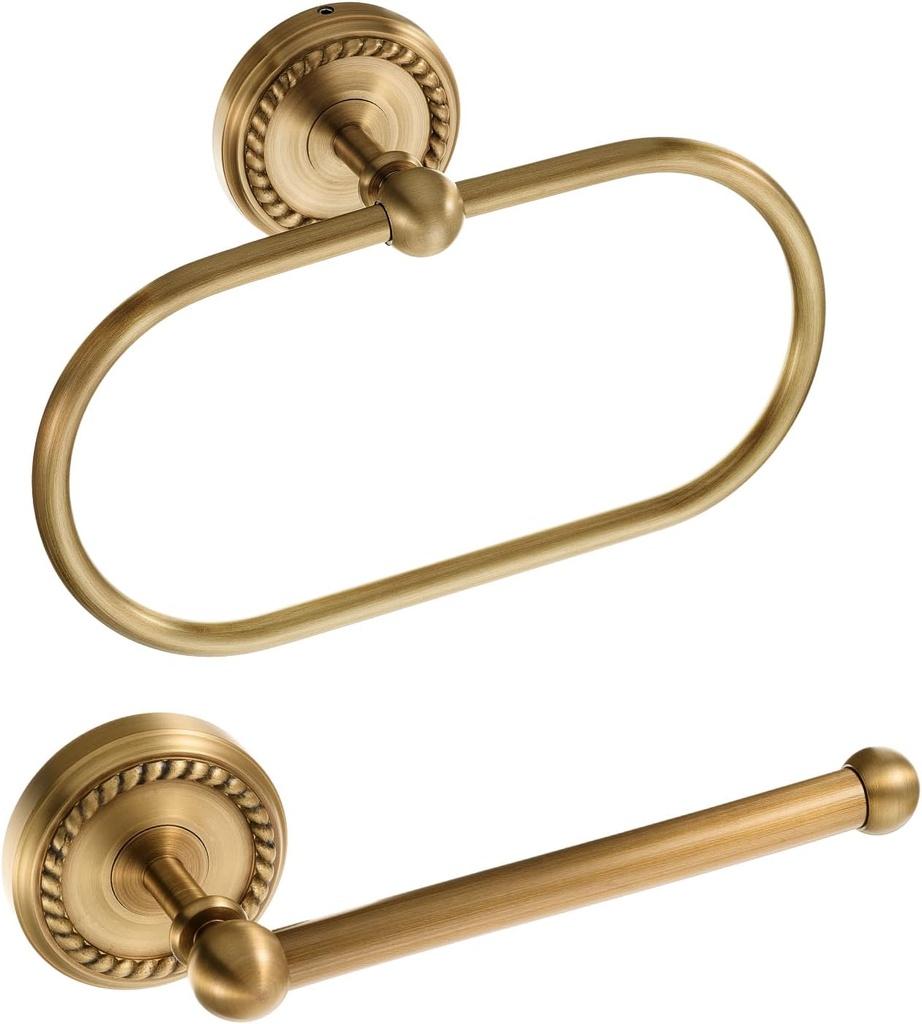 2 Pcs Antique Brass Toilet Paper Holder, Brass Towel Ring, Bathroom Wall Mount Vintage Gold Tissue Roll Holder & Hand Towel Ring, Exquisite Pattern Carving Bathroom Accessories