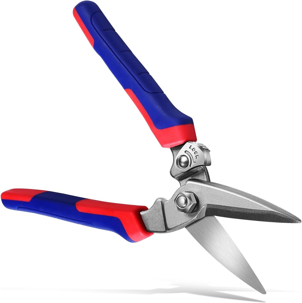 Heavy Duty Industrial Scissors: Utility Sharp Aviation Tin Snips for Cutting Thin Metal Sheet, Fine Iron Wire, Wires, Plastic, Rubber Hose, Carpet, Cardboard （8'' Blue）