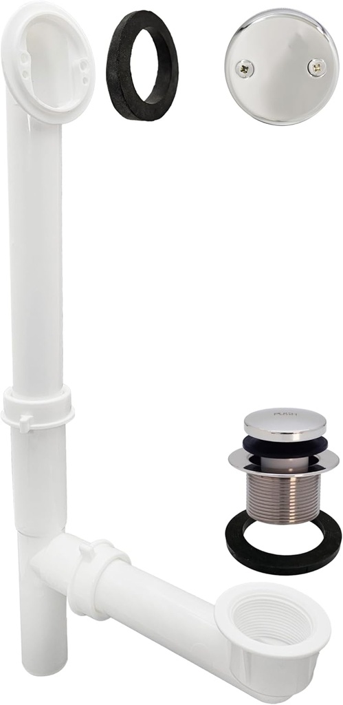 Westbrass A593244-26 14" x 1-1/2" White Tubular Bathtub Waste & Overflow Assembly with Tip-Toe Drain Plug and 2-Hole Faceplate, Polished Chrome