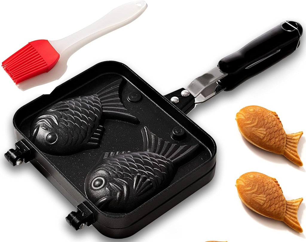 KUHA Taiyaki Pan - Non-stick Fish Shaped Waffle Maker - Aluminum Takoyaki Maker for Fish Cake and Japanese Snacks - Electric Stovetop Compatible, Comes with Silicone Oil Brush and Recipe Booklet