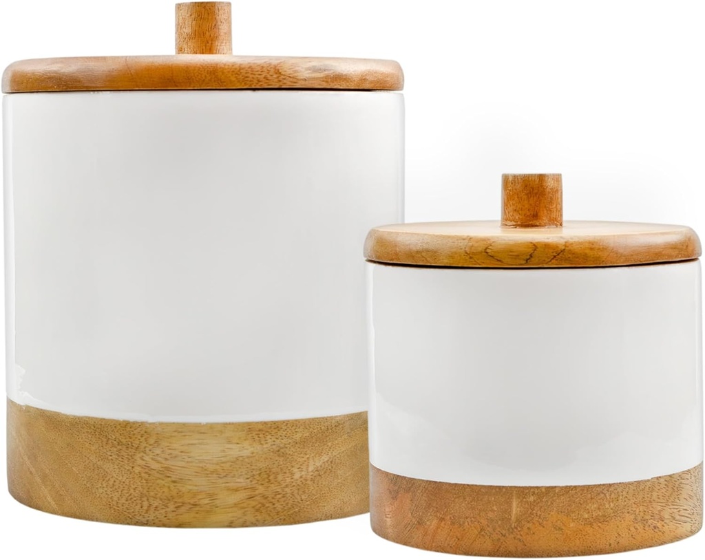 AuldHome Design Enamel/Mango Wood Lid Canisters (Set of 2); Farmhouse Rustic Minimalist Style Kitchen and Storage Containers