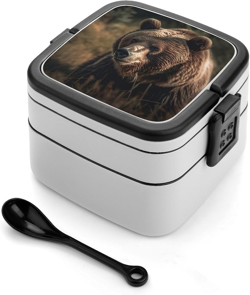 Bear On The Grass Bento Box Adult Lunch Box All-in-One Lunch Containers with Removable Compartments Double Layer Bento Lunch Box with Spoon And Handle Stackable Lunchbox