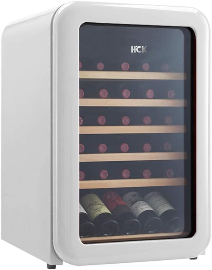 Retro Wine Cooler with 49 Bottles, Household Thermostatic Compressor Ice Bar, Independent Wine Cellar, Transparent Glass Door, Refrigerator Beverage Cooler, Ice Bar, 55*55.5*84cm, White