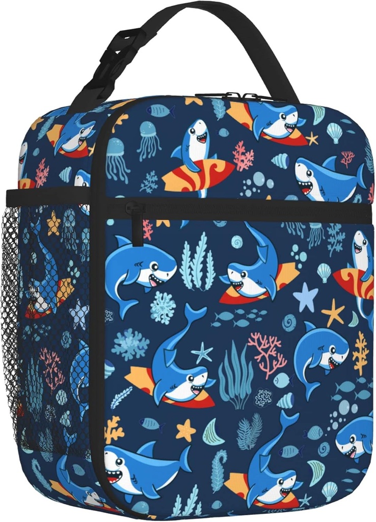 Sharks Lunch Bag, Reusable Insulated Lunch Box Large Capacity Meal Tote for Kids Women Men Cooler Bag, Durability of Zippered Lunch Tote for Work School Picnic Travel, Surfing Sharks
