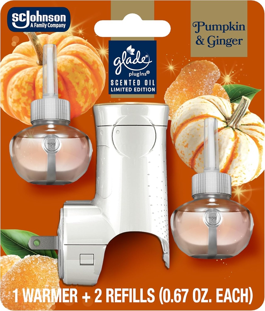 Glade PlugIns Refills Air Freshener Starter Kit, Pumpkin & Ginger, Scented and Essential Oils for Home and Bathroom, 0.67 Fl Oz, 1 Warmer + 2 Refills