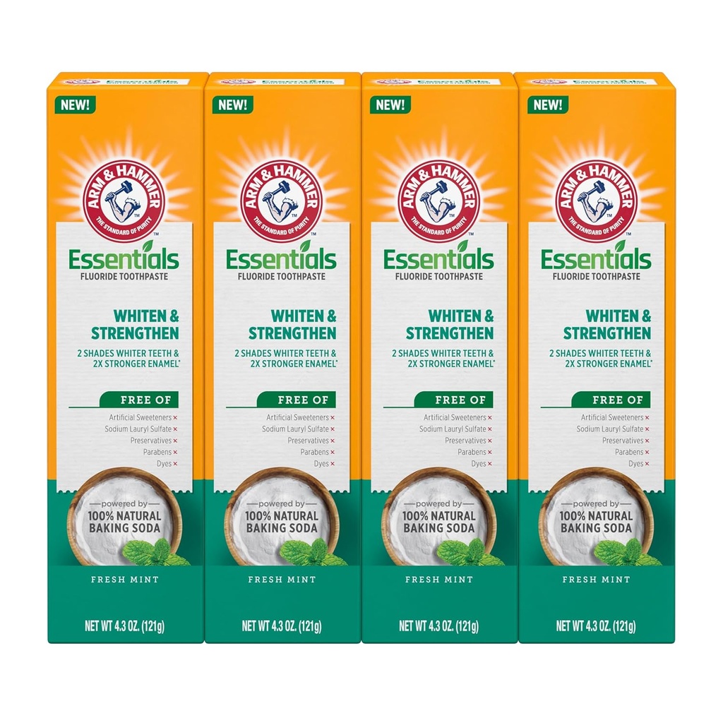 ARM & HAMMER Essentials Whiten & Strengthen Fluoride Toothpaste-4 Pack of 4.3oz Tubes, Fresh Mint- 100% Natural Baking Soda- Fluoride Toothpaste