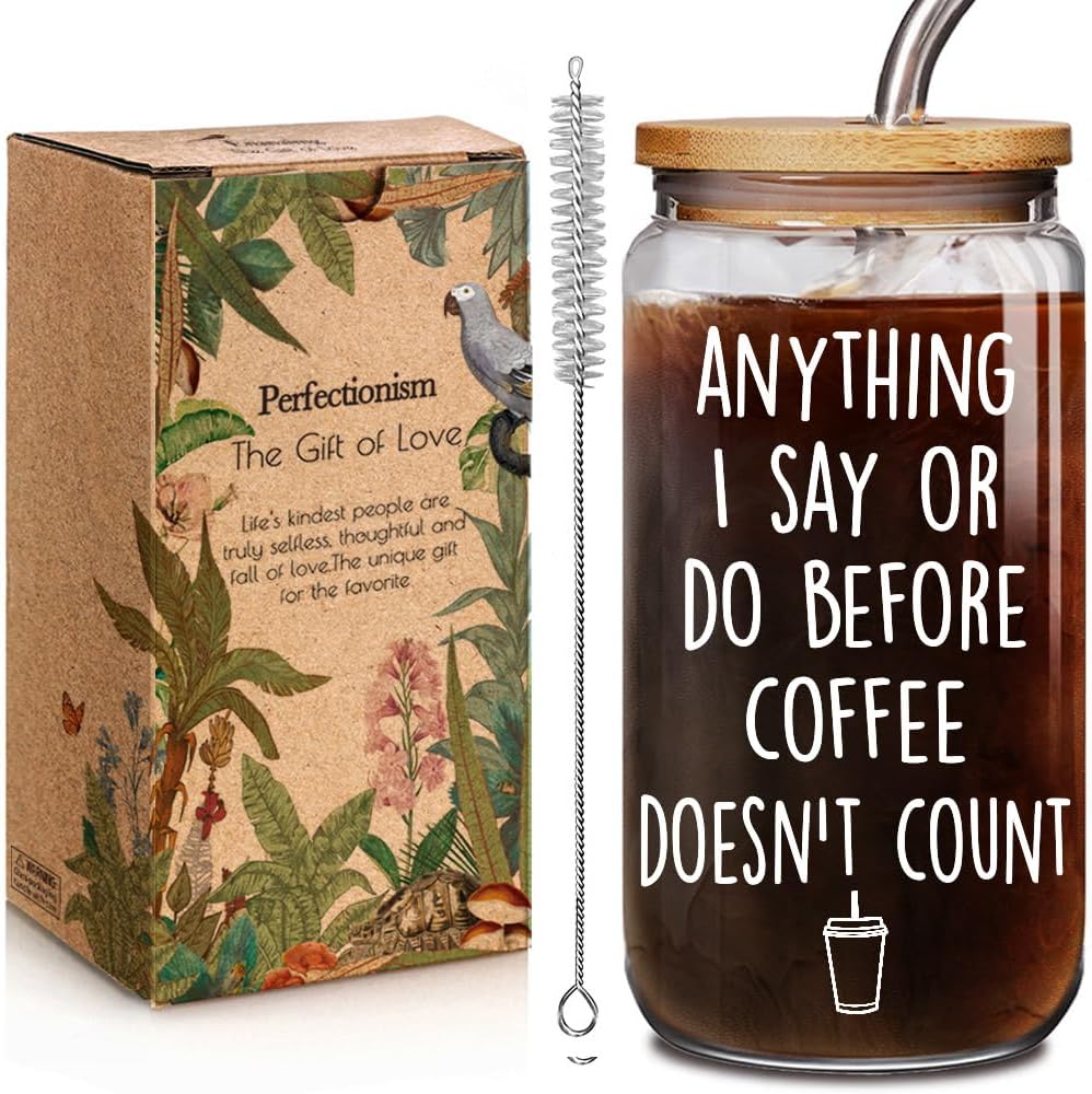 Anything I Say or Do Before Coffee Doesn’t Count Iced Glass Cup 16OZ, Funny Morning Glass Cup Gifts for Coffee Lovers Women, Funny Coworker Birthday Gift for Boss Employer Best friend, Work Cups 16OZ