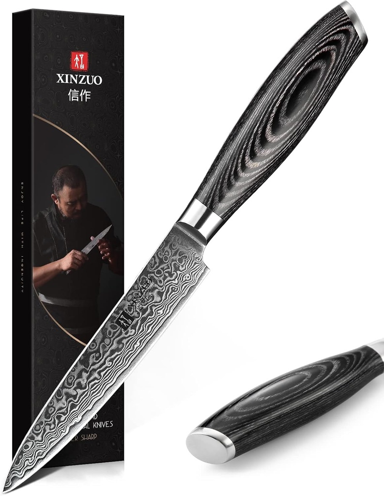 XINZUO Paring kitchen Knife, 5 Inch Super Sharp Damascus Steel Petty Knife, Fruit Knife, Pakkawood Handle, Gift Box