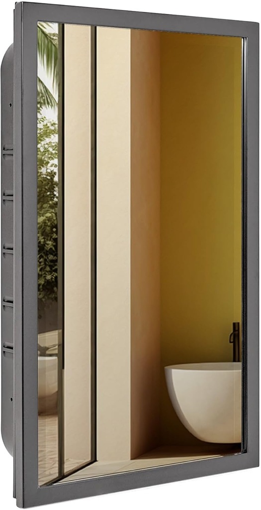 Head West Brushed Black Recessed Medicine Cabinet with Beveled Mirror, Bathroom Wall Mount Storage Organizer with Glass Shelves - 16" x 26"