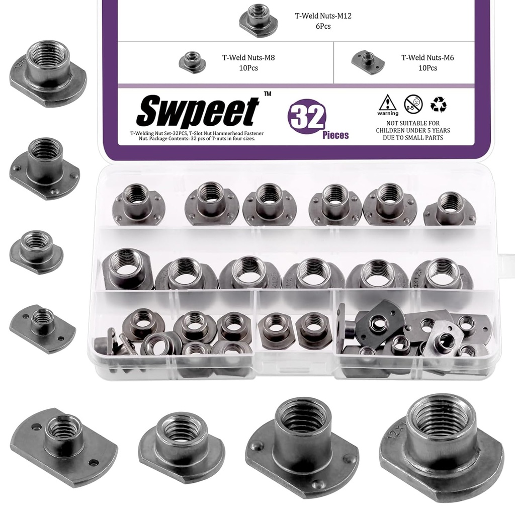 Swpeet 32Pcs M6 M8 M10 M12 Black T-Shaped Weld Nuts Kit, Tab Base UNC Carbon Steel Machine Screw, Welding Hood Fasteners Ideal for Furniture Vehicles Caster and Industry Machine