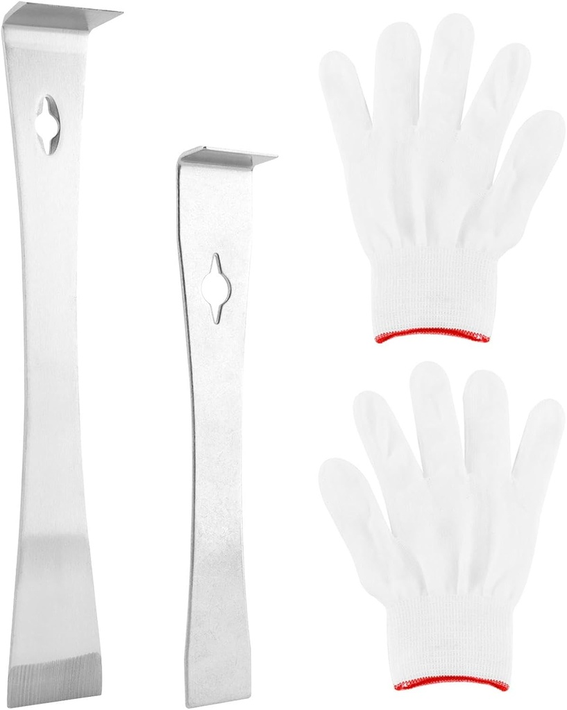 2Pcs Stainless Steel Pry Bar Scraper Set with Gloves, 6.69" and 10" Flat Pry Bar Trim Puller, Baseboard Removal Tool Nail Puller Carpentry Tools Beekeeping Hive Scraper