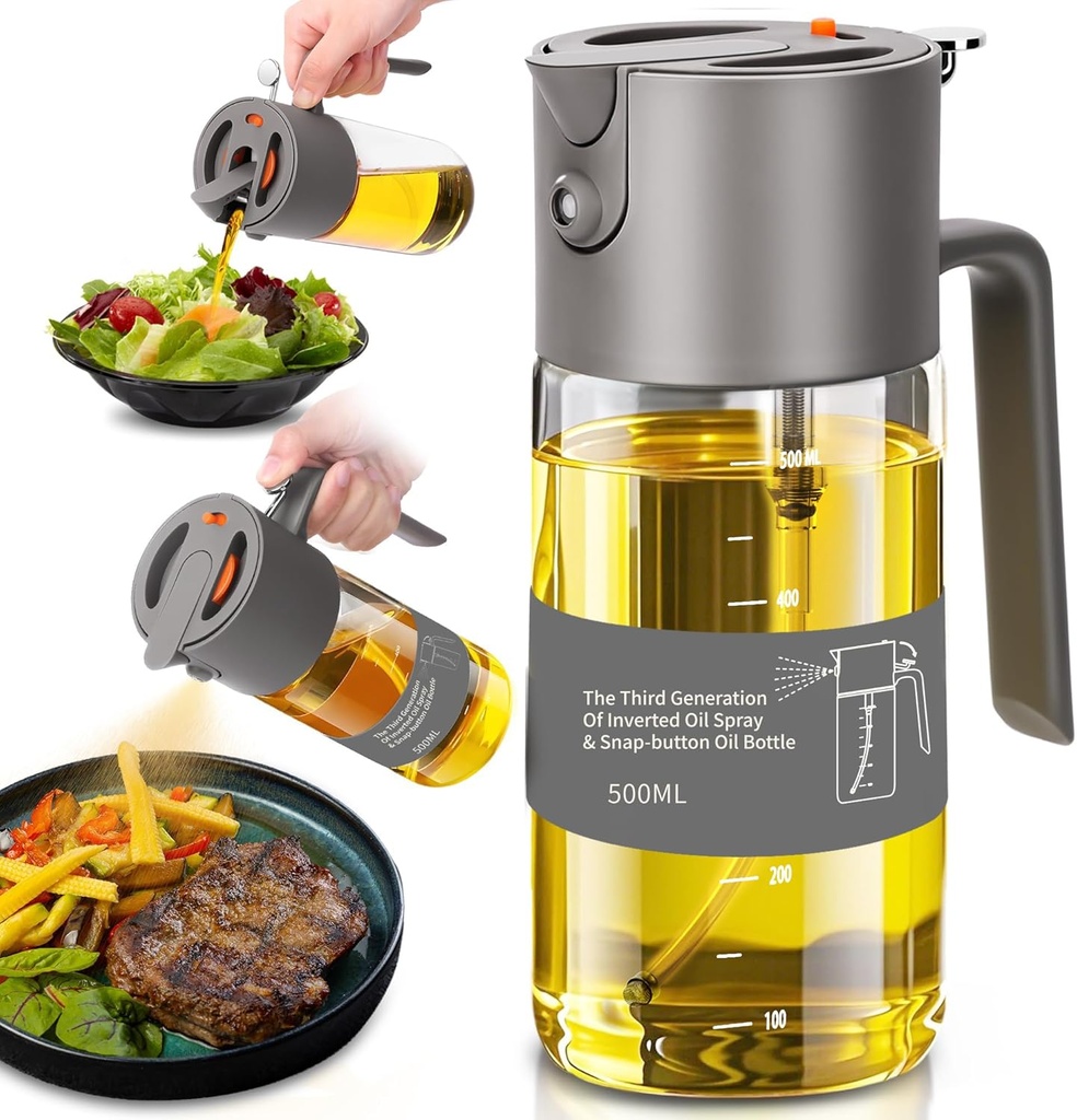 Oil Sprayer for Cooking, 2025 Large Advanced Olive Oil Dispenser Bottle,500ml/17oz Glass Olive Oil Sprayer,2 in 1 Even Spray with Portion Control for Kitchen, Air Fryer, Salad, BBQ - Gray
