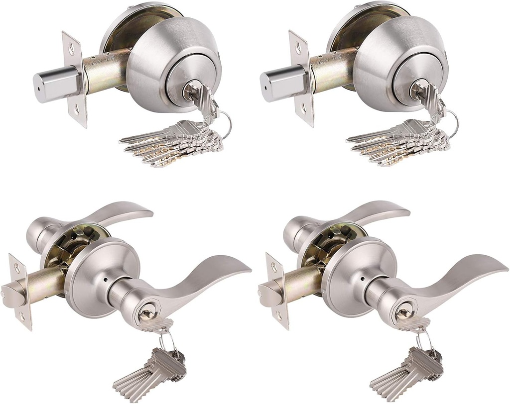 Satin Nickel Keyed-Alike Door Levers and Double Cylinder Deabolts Combination Sets Locksets,Keyd Both Sides Door Locksets for Exterior Interior Door, Reversible,2Pack