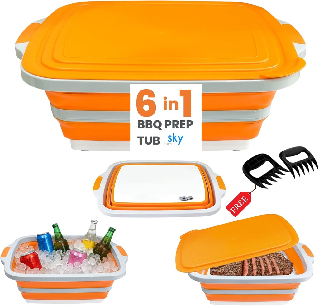 Collapsible BBQ Prep Tub with Lid - XL 4.22 GAL Folding Cutting Board & Food Basin for Outdoor Cooking, Marinating Container, Space Saving Prep Station