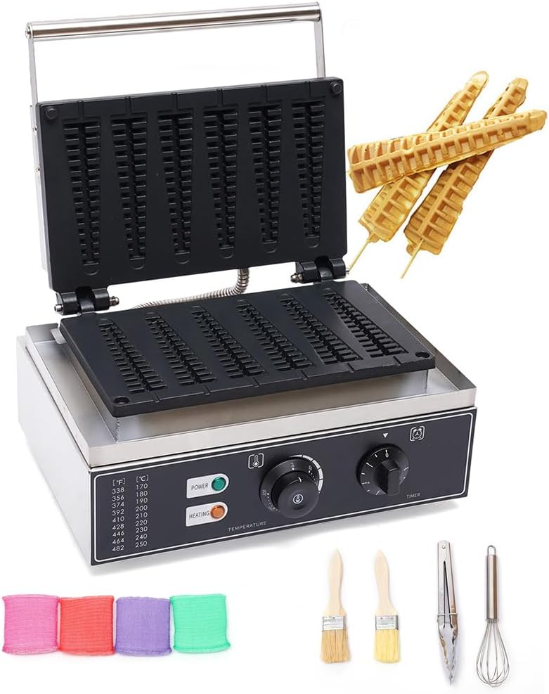 1550W Commercial Waffle Maker 6-Stick Belgian Waffle Iron with Non-Stick Coating & Timer Double-Sided Heating Adjustable Temp (122-572°F) for Home, Restaurant, Cafe (Silver)