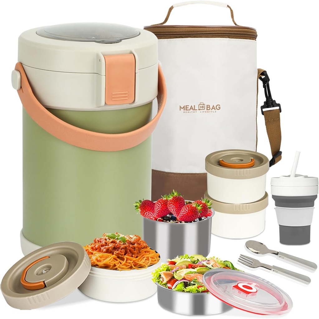 67oz Adults Thermo for Hot Food Kit 2L 9.06in 3 Layer Stainless Steel Vacuum Soup Food Thermo Hot Food Jar Bento Box for Men, Women, Suitable insulated Lunch Box for 12+ Camping, Office & Travel Use