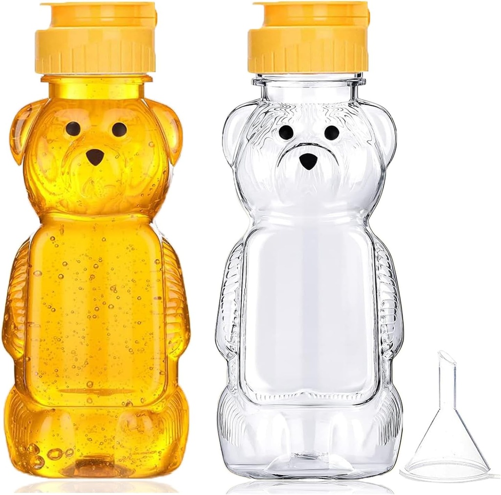2 Pack Plastic Bear Honey Bottles with Funnel, 240ml Squeeze Honey Jars Leakproof Honey Dispenser No Drip Lids Honey Bear Containers for Ketchup Mustard Salad Dressing Sauce Syrup Oil Epoxy, BPA Free