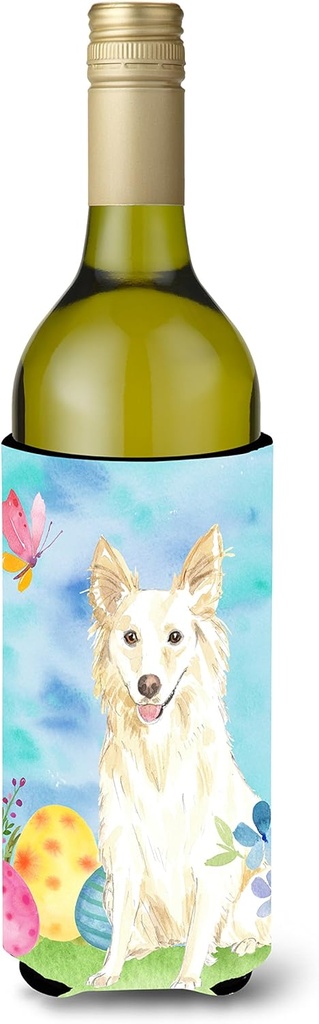 Caroline's Treasures CK1893LITERK Easter Eggs White Collie Wine Bottle Hugger Bottle Cooler Sleeve Hugger Machine Washable Collapsible Insulator Beverage Insulated Holder