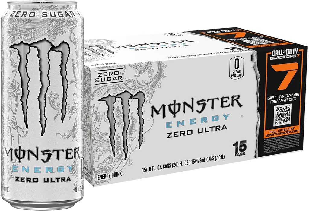 Monster Energy Zero Ultra, Sugar Free Energy Drink, 16 Ounce (Pack of 15)
