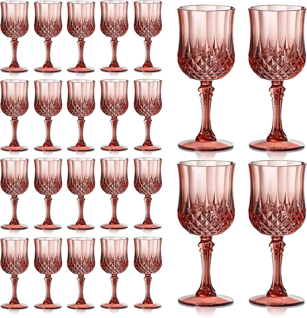 XUWAIDSGN 24 Pcs 7oz Plastic Vintage Wine Glasses Drinking Glasses Unbreakable Wedding Glassware Crystal Water Goblets Reusable Drinkware Vintage Champagne Flutes (24, Rose Gold)