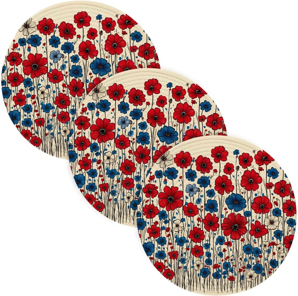 3 Pcs Hot Pad Trivet for Crock Pot Colorful Flower 4th of July Independence Day 15in Polyester-Cotton Thread Weave Kitchen Countertop Protector accesorios para mesa de comedor