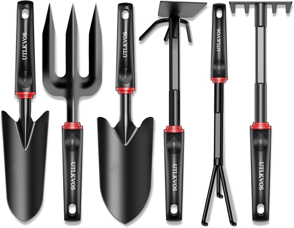 Gardening Tools Set, 6 Pieces Heavy Duty Rust-Proof Gardening Tool Kit, Ergonomic Soft Rubber Handles, Includes Trowels, Rakes, Weeding Tool, and Hand Fork for Digging, Planting, Weeding